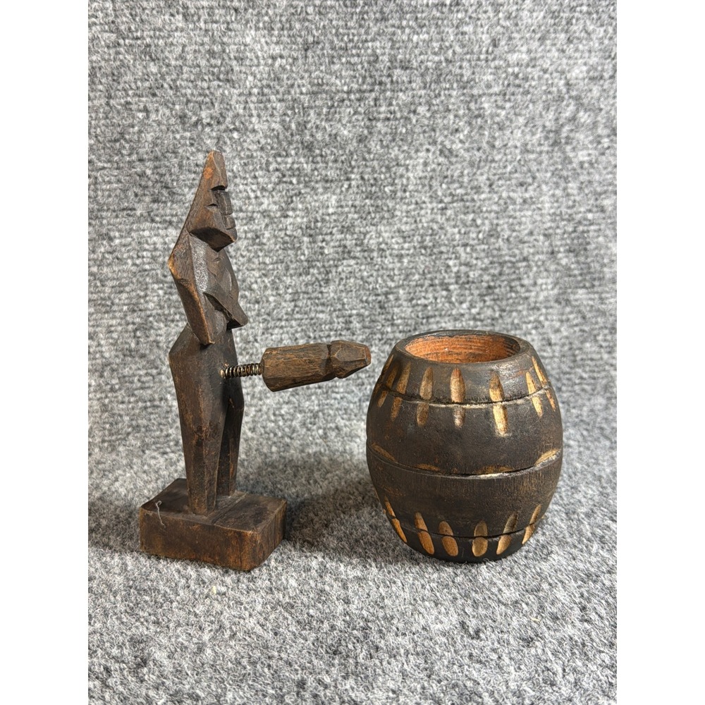 Vintage Phallic Wood Statue Ancient Egyptian Nude Man In Barrel Fertility God